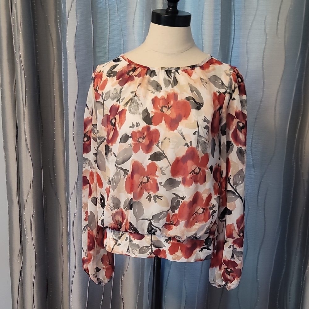 White House Black Market Pink and Red Ruffled Mock Neck Blouse